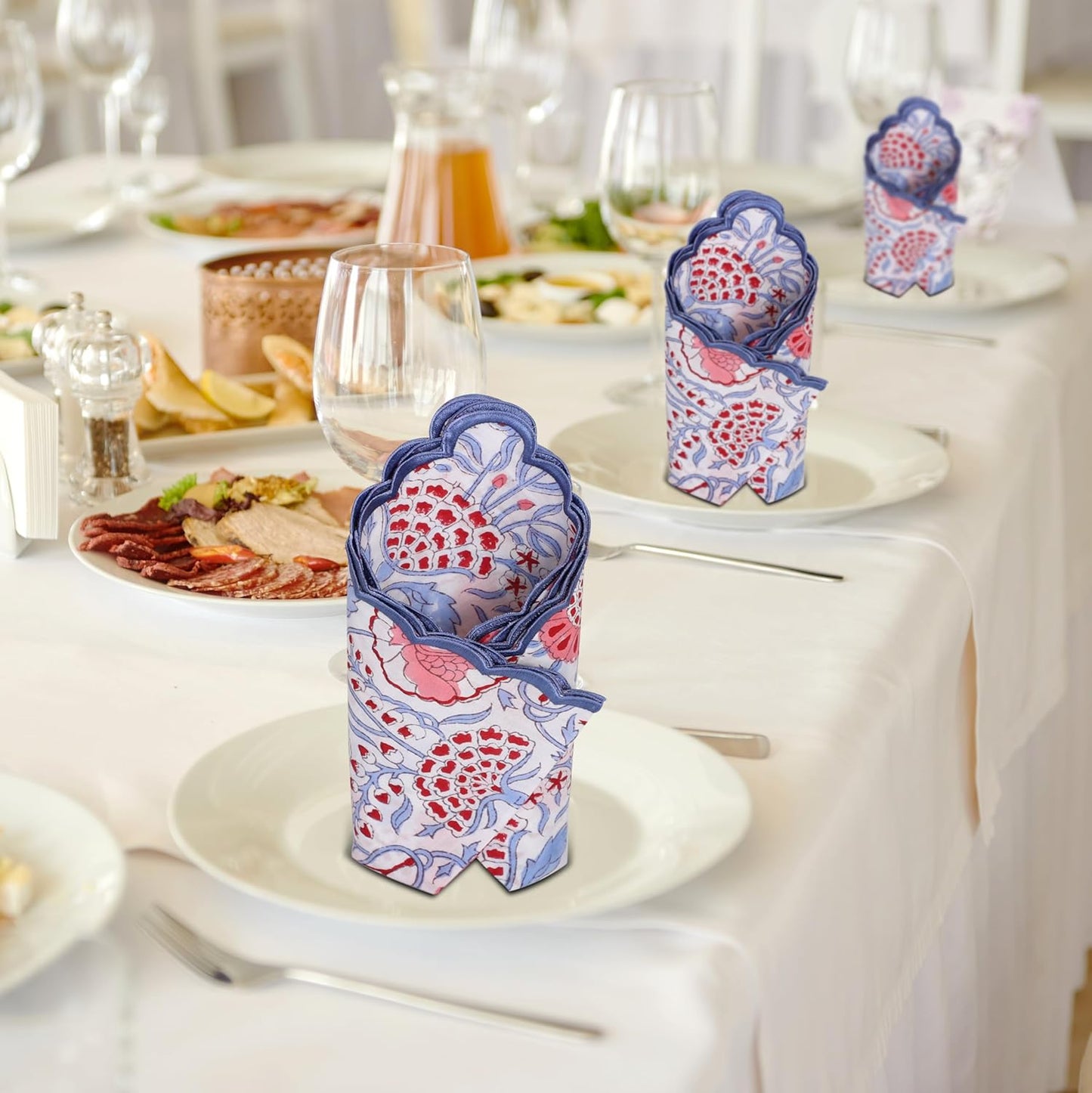 Ridhi Pigeon Blue with Blue EdgeHand Block Print Napkins 18" x 18" Set of 4 Reusable Cotton Dinner Napkins for Weddings, Parties & Everyday Dining, Thanksgiving, Christmas, Fall