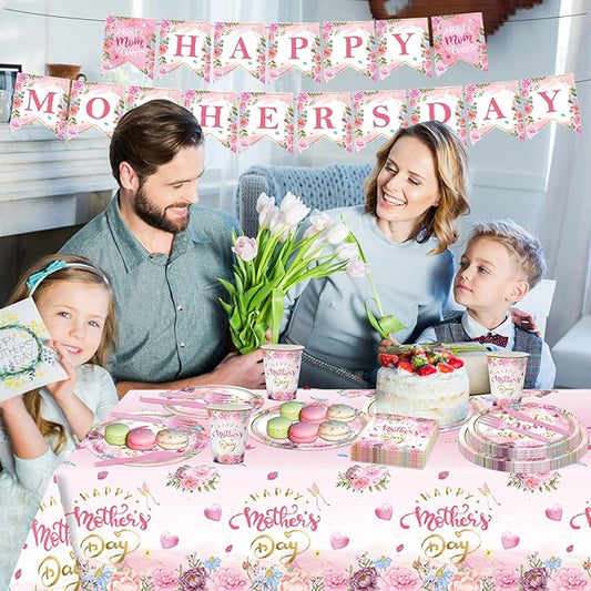 98 Pcs Mother's Day Party Supplies for 16 Guests | Floral Pink Tableware Set with Plates, Napkins, Cups & Banner