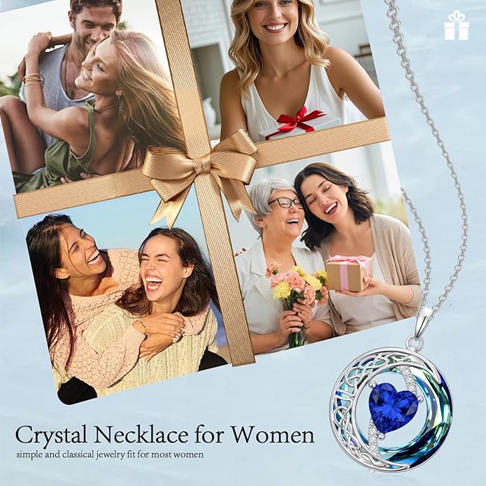 Valentines Day Gifts for Women, Birthstone Necklace for Women, Celtic Moon Pendant Blue Crystal Necklace Heart Jewelry Anniversary Jewelry Gift for Daughter Wife Mother Sister