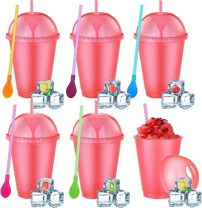 6 Set Slushie Cups with Dome Lids and Straws Detachable Spoon Straws Reusable Plastic Iced Coffee Cups Smoothie Tumbler for Birthdays Summer Party Supplies(Pink,16 oz)