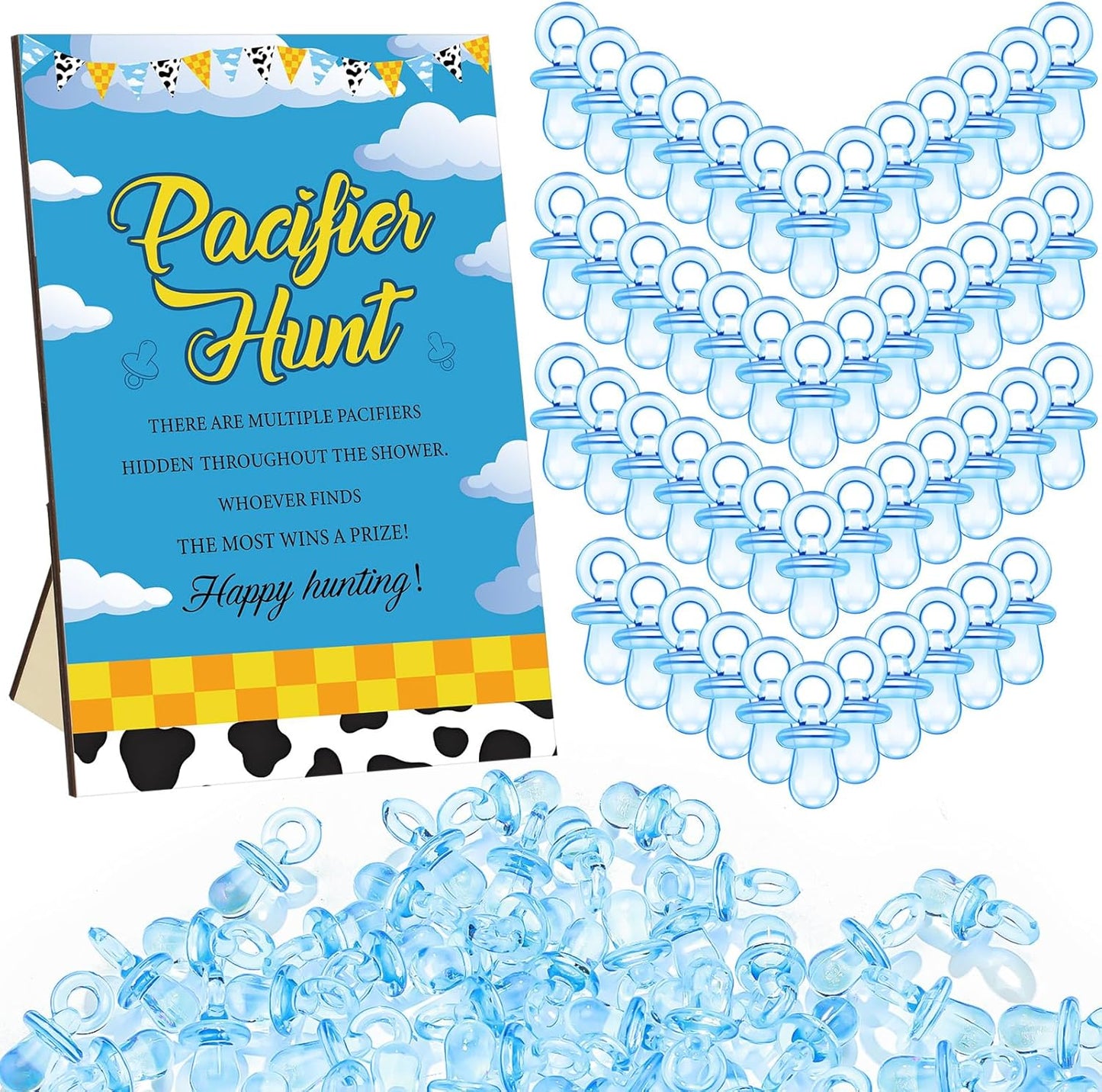 Thyle 51 Pcs Pacifier Hunt Baby Shower Games Include Hunt Sign and 50 Acrylic Pacifiers for Baby Shower Game Decoration Gift Sets Gender Reveal Party Decor(Blue Sky)