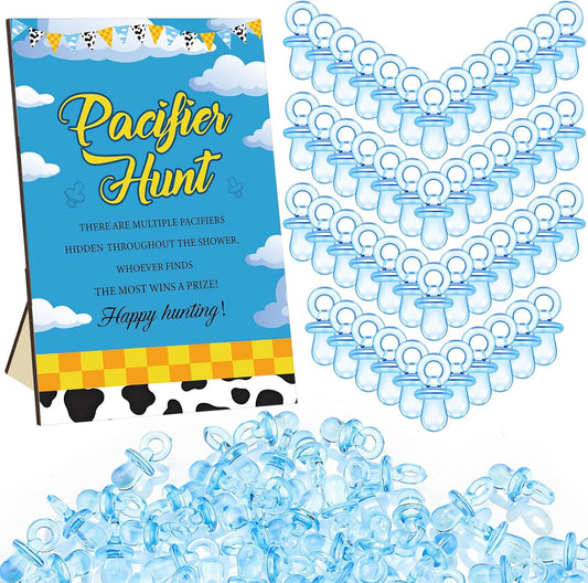 Thyle 51 Pcs Pacifier Hunt Baby Shower Games Include Hunt Sign and 50 Acrylic Pacifiers for Baby Shower Game Decoration Gift Sets Gender Reveal Party Decor(Blue Sky)