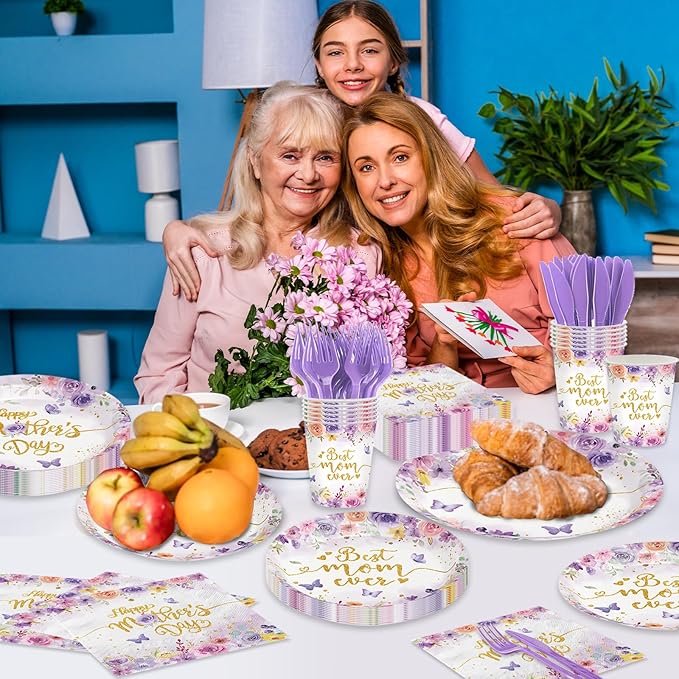 Mother's Day Party decorations 144Pcs Butterfly Floral Mother's Day Plates and Napkins Cups Serve 24 Include Best Mom Ever Plates, Napkins, Cups and Forks for Spring Birthday, Mothers Day, Tea Party
