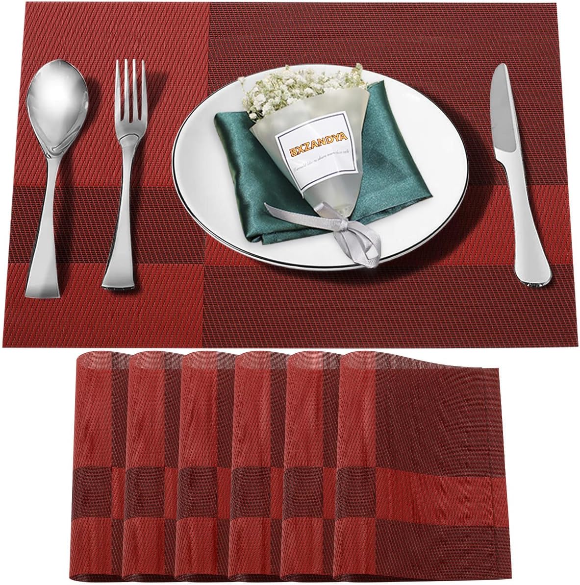 Placemats Set of 6,Washable,Heat and Stain Resistant Indoor/Outdoor Place mats,Vinyl Woven Non Slip Table Mats for Restaurant Table Protection,PVC Placemats(Red,6PCS)