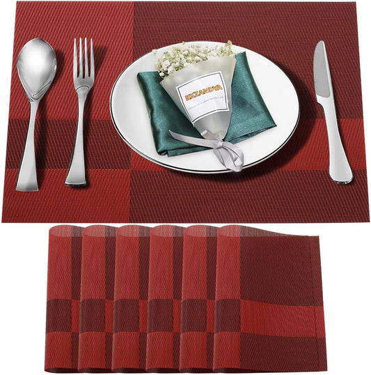 Placemats Set of 6,Washable,Heat and Stain Resistant Indoor/Outdoor Place mats,Vinyl Woven Non Slip Table Mats for Restaurant Table Protection,PVC Placemats(Red,6PCS)