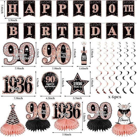 Zirtorei 90th Birthday Decorations for Women, 21pcs the Year 1936 Banner Balloon Party Supplies, Rose Gold 90 Year Old Birthday Backdrop, 90 Bday Honeycomb Centerpiece Hanging Swirls Sash Gifts