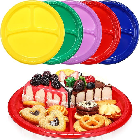 50 Pcs 10 Inch Plastic 3 Compartment Divided Plates Heavy Disposable Plates Duty Round Dinner Plates with Dividers for Wedding Birthday Party Dinnerware(Multicolor)