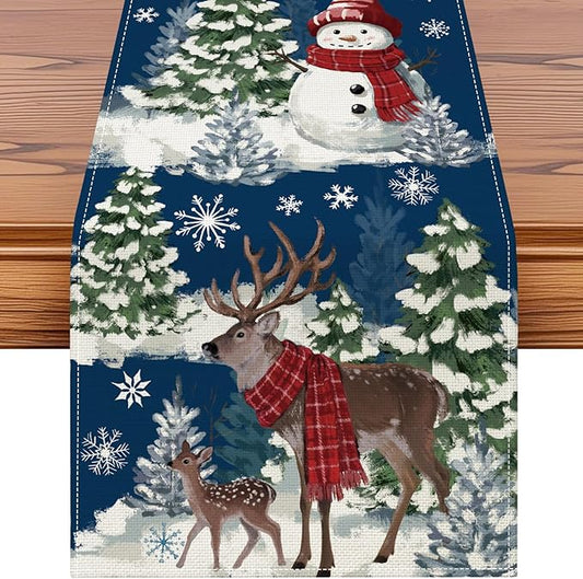 Artscope Reindeer Snowman Christmas Tree Table Runner, Xmas Winter Snowflakes Holiday Kitchen Dining Table Decoration for Christmas Home Party Decor 13x108 Inch-Blue