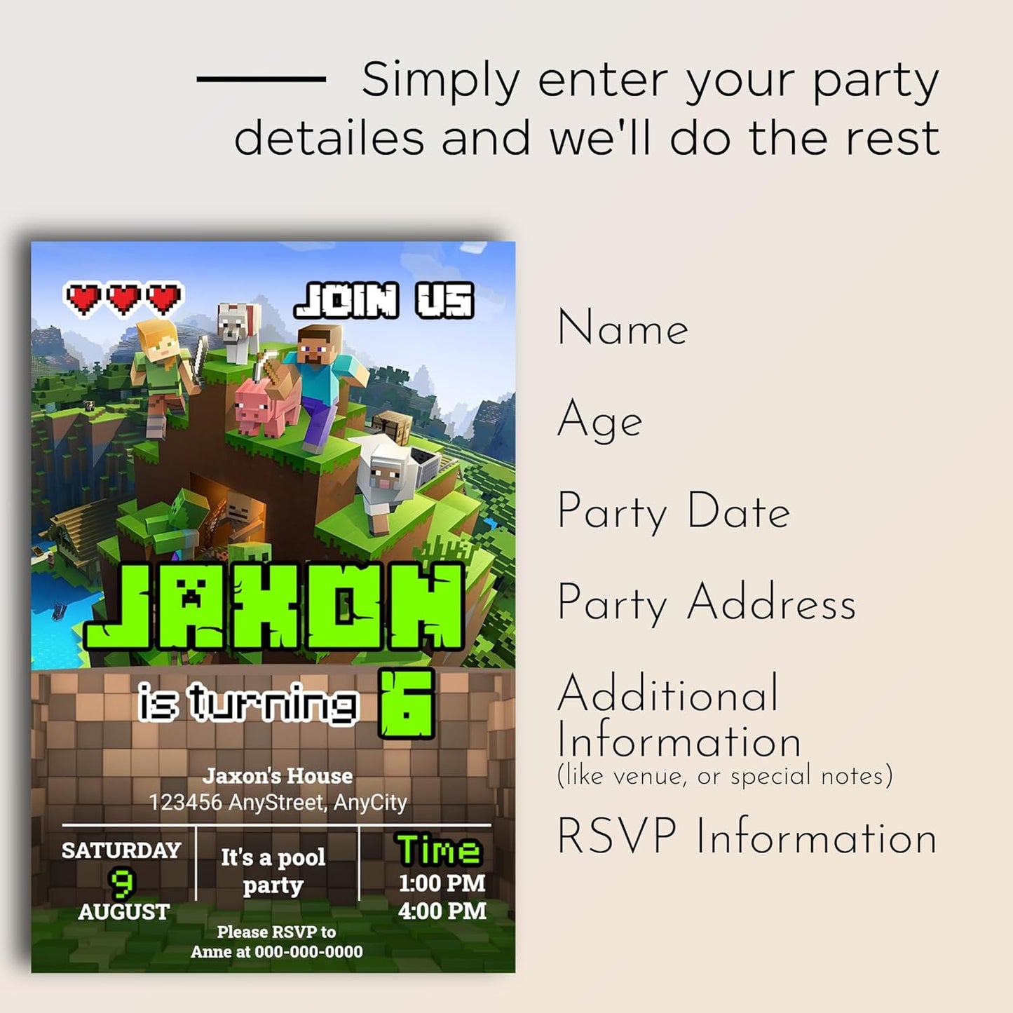 Fully Customizable minecraft Birthday Party Invitations, 4 x 6 inches, with Self-Sealing Envelopes, Gaming Theme Design, minecraft Birthday Invitations for Boys and Girls (Minecraft/Game)
