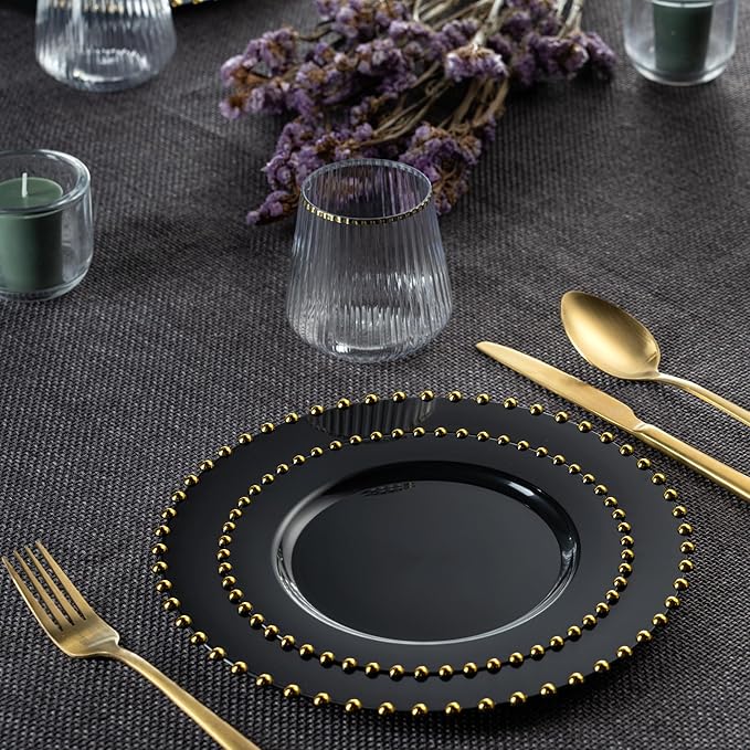PLASTICPRO 64 Piece Combo Plastic Dinner Plates Disposable Plastic Fancy Heavy Duty Party Dishes 7 inch and 10 inch, Black and Gold Beaded