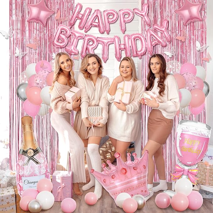 Amandir Pink Birthday Decorations for Women Girls, Silver Pink Confetti Foil Balloons Happy Birthday Banner Butterfly Fringe Curtains Cake Topper for Princess Party Supplies Decor