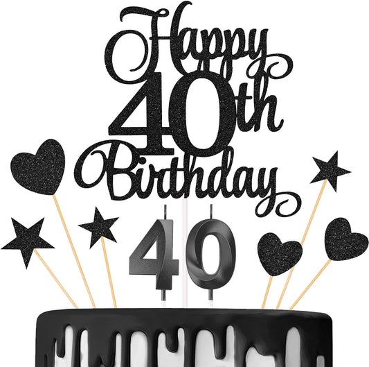 40th Birthday Cake Decorations, 40th Birthday Candles Cake Numeral Candles and Glitter Happy 40th Birthday Cake Toppers Set for Birthday Party Supplies (Black)