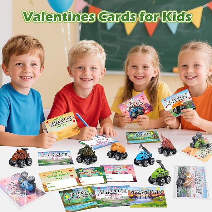 Valentines Day Cards for Kids School - 24 Pack Pull Back Monster Dinosaur Truck Toys with Cards, Valentines Day Gifts for Kids, Valentines Classroom Exchange Prizes, School Party Favor Toys