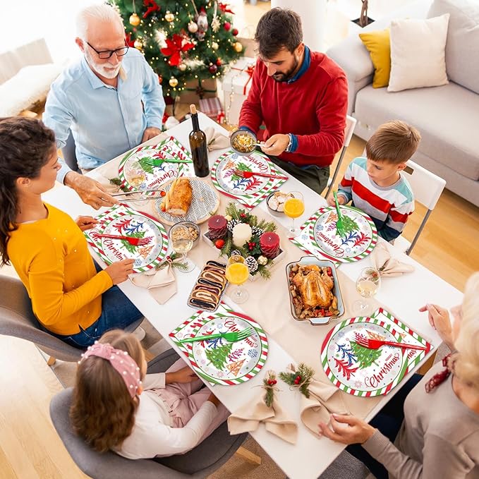 OBUSATT 96Pcs Christmas Party Supplies Red Green Christmas Tree Paper Plates and Napkins Disposable Xmas Tableware Dinnerware Set Winter Snowflake Plates for Holiday Party Decorations Serves 24