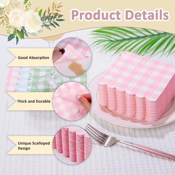 100 Pcs Pink Napkins Scalloped Plaid Cocktail Napkins Folded 5 x 5 Inches Disposable Napkins for Wedding Birthday Party
