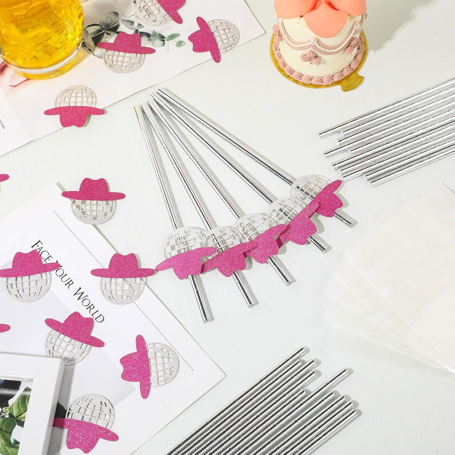 Tanlade 50 Pcs Mini Disco Ball Straws 70s Disco Straws Mirror Glitter Cowgirl Hat Party Decorations for Dance Holiday Wedding Birthday Supplies(Pink)