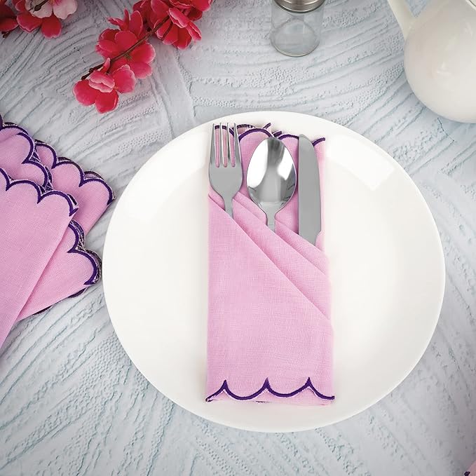 FINGERCRAFT Cloth Napkins, Everyday Use Reversible Scallop Design, Premium Quality Cotton Linen Blend Napkin Set of 6 Perfect for Parties Dinners Weddings Easter Napkin Cloth 20x20 Inch Pastel Rose