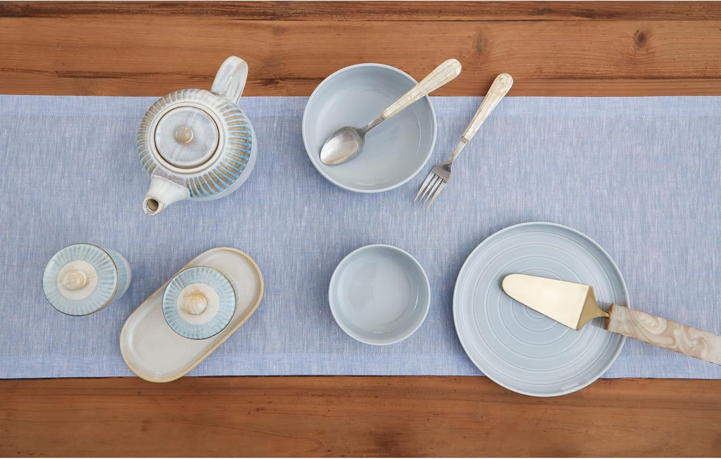 Solino Home Linen Table Runner 90 Inches Long - Athena, 100% Pure Linen Chambray Blue Table Runner 14 x 90 Inch for Dining, Christmas