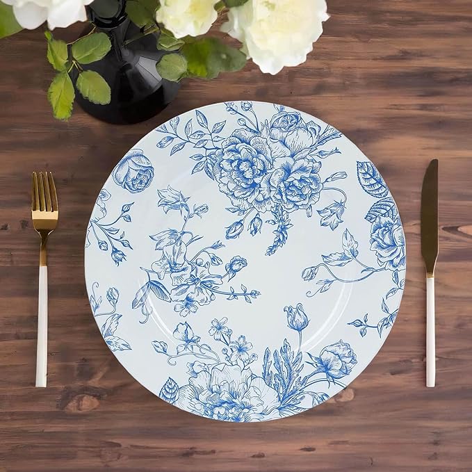 Efavormart 6 Pack White Blue Floral Acrylic Charger Plates in French Toile Pattern, Round Dinner Charger Event Tabletop Decor - 13"