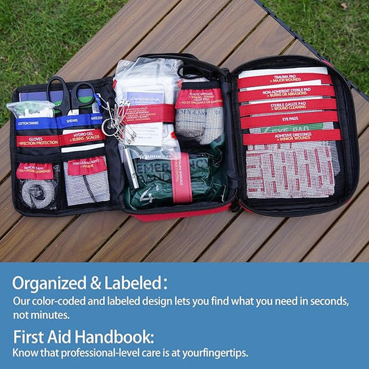Premium First Aid Kit with Labelled Compartments, Waterproof & Organized Molle Medical Kit for Home, Car, Hiking, Camping, Travel & Roadside Emergencies and Everyday Safety