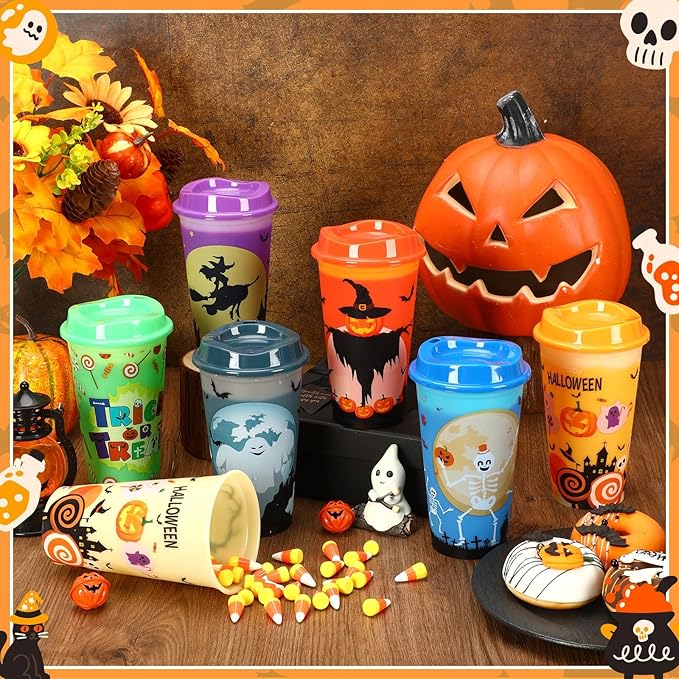 Jansun 12pcs Halloween Color Changing Cups, 16Oz Reusable Plastic Coffee Cups with Lids for Party Decorations Halloween Cups for Party Favors Supplies
