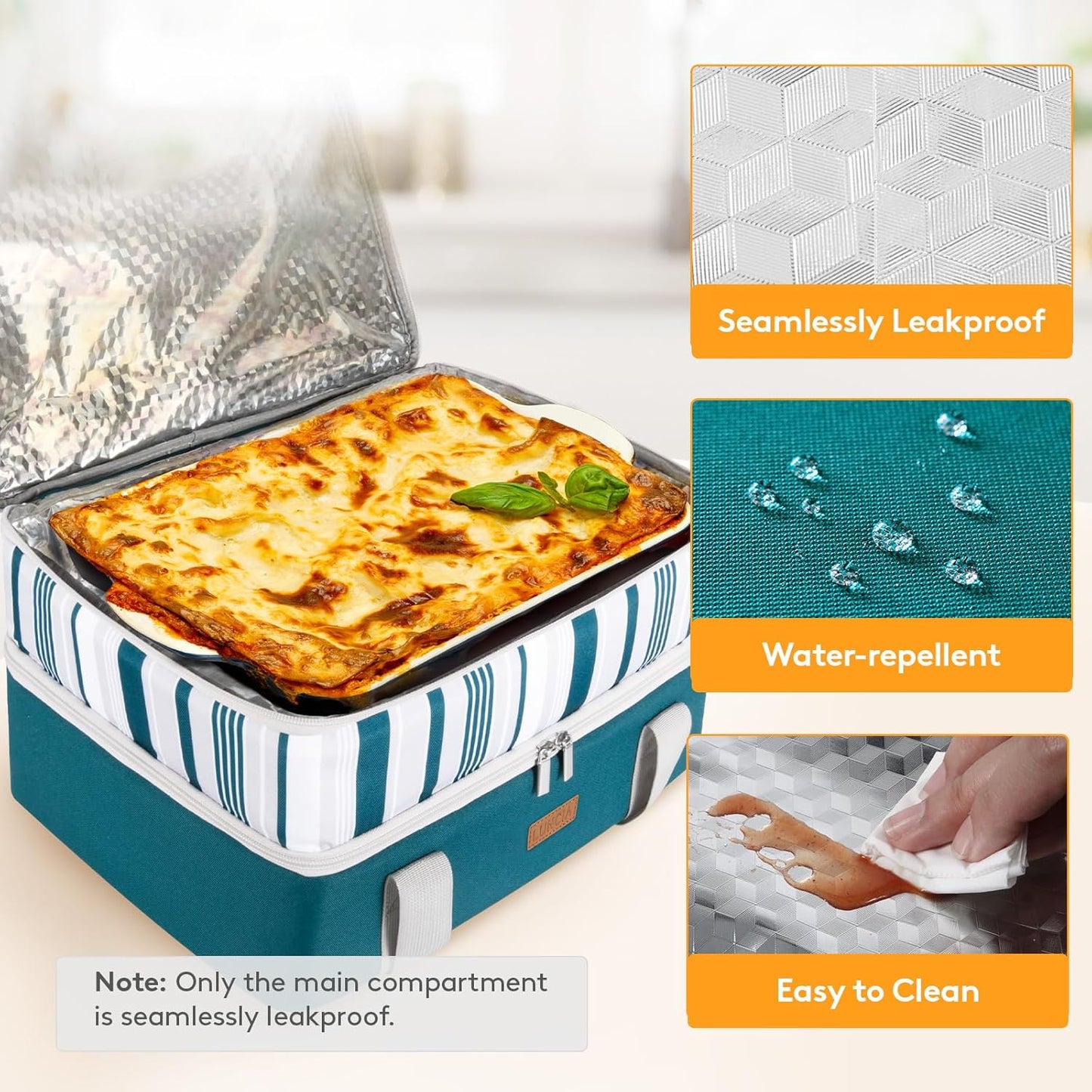 LUNCIA Double Decker Insulated Casserole Carrier for Hot or Cold Food, Lasagna Holder Tote for Potluck Parties/Picnic/Cookouts, Fits 9"x13" Baking Dish, Green
