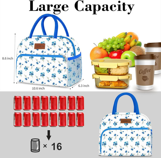 Coobiiya Lunch Bag Women, Lunch Box for Women Adult Men, Small Lunch Bag Leak-proof Cute Lunch Tote Large Capacity Reusable Insulated Cooler for Work/Office/Picnic/Travel-Blue Daisy