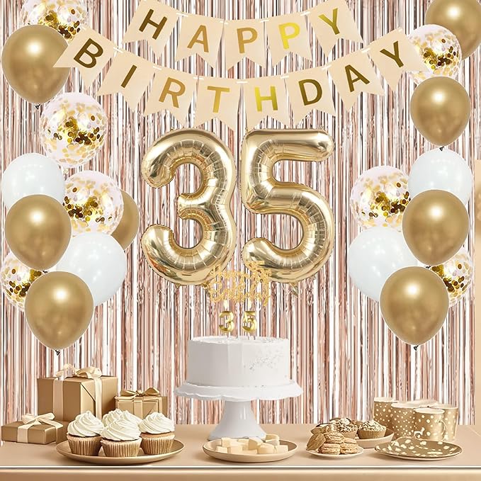 Trgowaul 35th Birthday Decorations for Women, Banner, Sash and Crown, Cake Topper, 35 Number Balloon, Fringe Curtains, Champagne Gold 35th Birthday Party Supplies