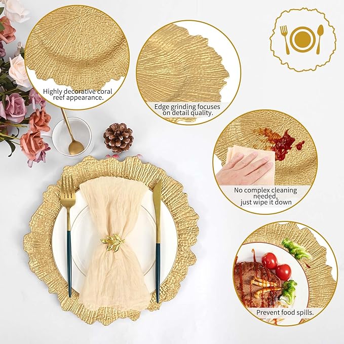 Pesonlook 24Pcs Gold Charger Plates Round 13inch, Reef Plate Chargers for Dinner, Bulk Plastic Floral Table Charger Plates for Dinner Wedding Party Event Table Setting Decoration(Gold)