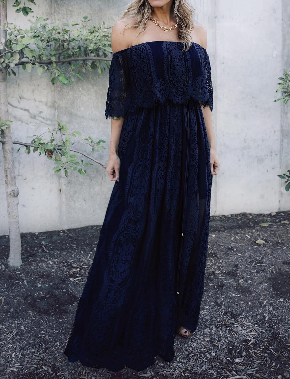 HOYISHION Women's Off The Shoulder Floral Lace Maxi Dress White Bridesmaid Wedding Party Maternity Photoshoot Long Dresses