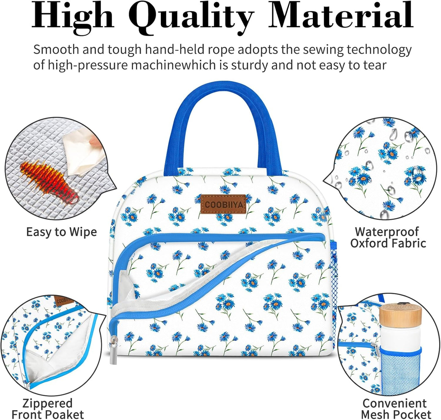 Coobiiya Lunch Bag Women, Lunch Box for Women Adult Men, Small Lunch Bag Leak-proof Cute Lunch Tote Large Capacity Reusable Insulated Cooler for Work/Office/Picnic/Travel-Blue Daisy
