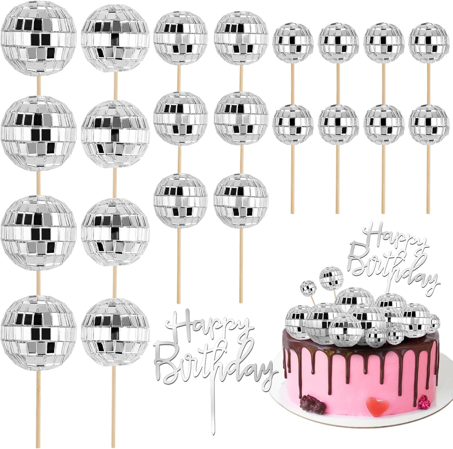 23 Pcs Disco Ball Cake Toppers, Happy Birthday Cupcake Picks 1970s Disco Theme Decorations for Birthday Party Favor