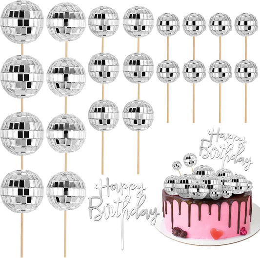 23 Pcs Disco Ball Cake Toppers, Happy Birthday Cupcake Picks 1970s Disco Theme Decorations for Birthday Party Favor