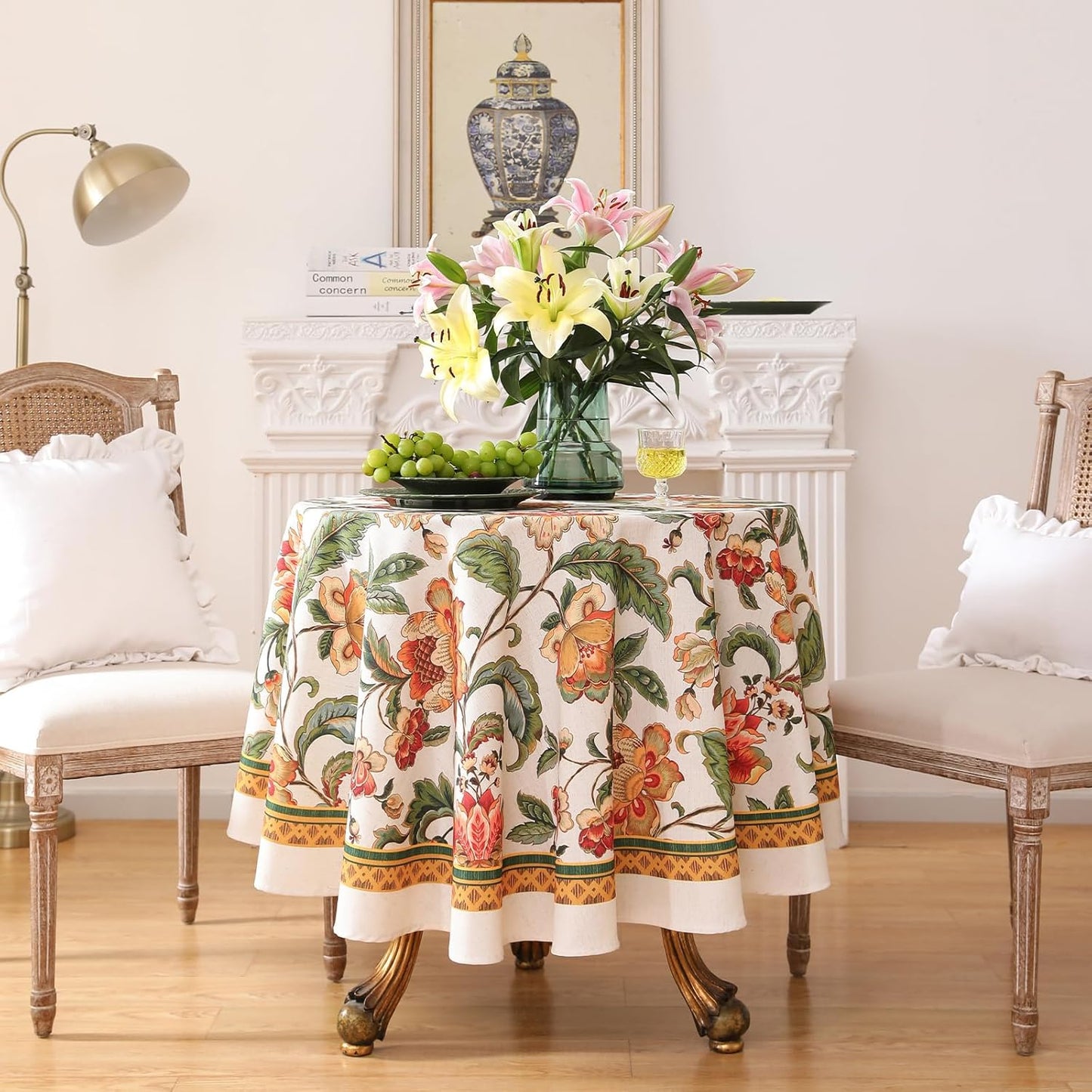 patdrea Designer Vintage Linen Round Tablecloth,Provencal Rustic Floral Pattern Tablecloths,Decorative Table Cover Cloth for Kitchen,Dining Room,Tea Party,Home,Christmas,Diameter 55"