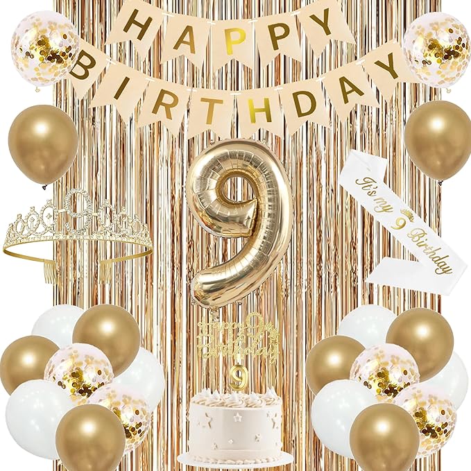 Trgowaul 9th Birthday Decorations for Girls, Banner, Sash and Crown, Cake Topper, 9 Number Balloon, Fringe Curtains, Champagne Gold 9th Birthday Party Supplies
