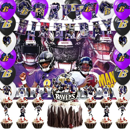 42pcs Baltimore Party Decoration Pack Includes，Banner，Cake Topper，Blackdrop,Balloons for Ravens party decoration