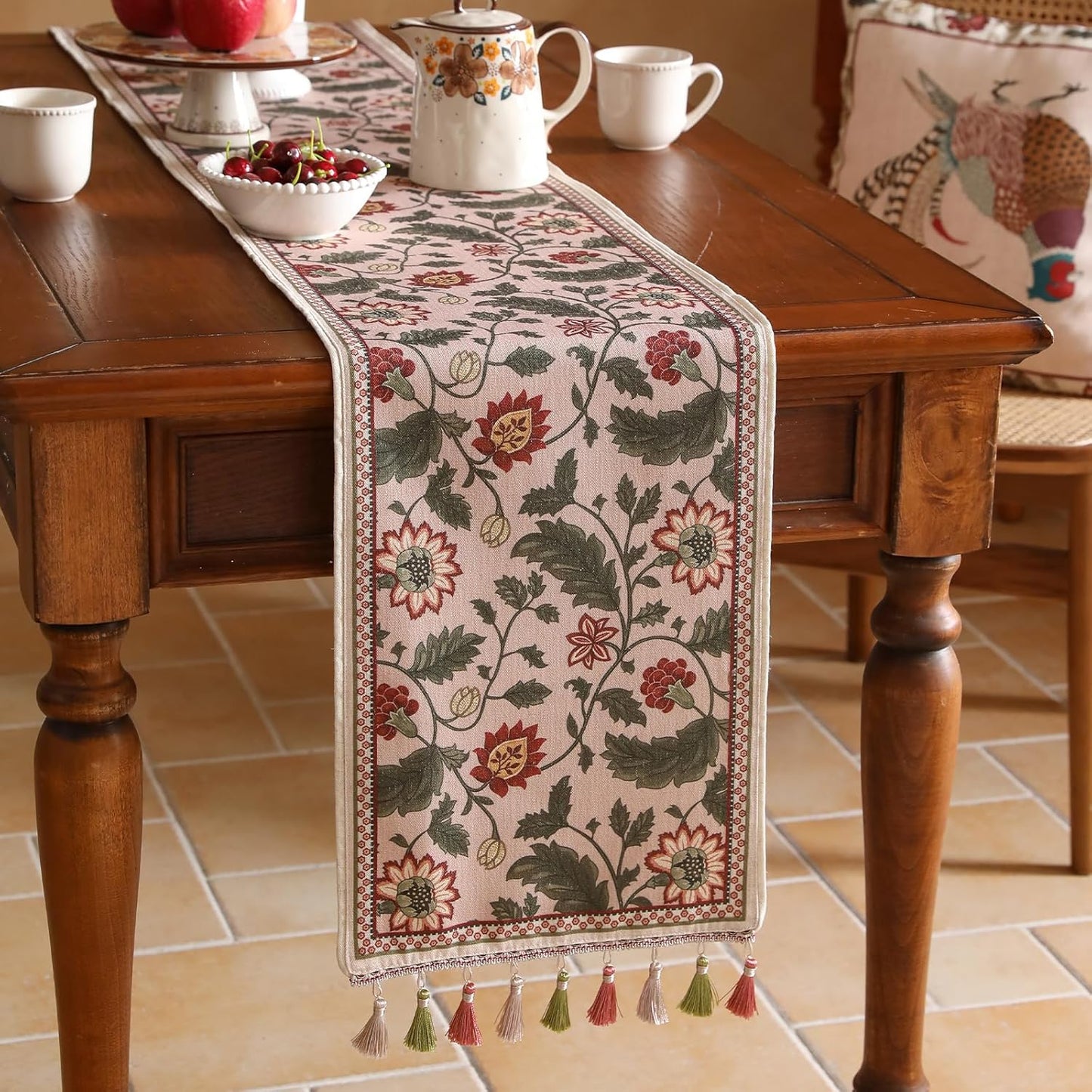 ISAENNE Designer Provence Elegant Linen Table Runner 87 Inches Long,Flower and Leaves Pattern Durable Table Runners for Dining Tables,Thanksgiving,Kitchen Tables,Christmas,12"*87"-Ratina