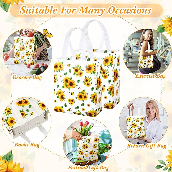 Supervitae 24 Pack Sunflower Theme Gift Bags Medium Goodie Floral Party Favor Bags Reusable Non Woven Totes for Birthday Wedding Baby Shower Party Family Holiday Travel(9.8" x 7.9" x 3.9")