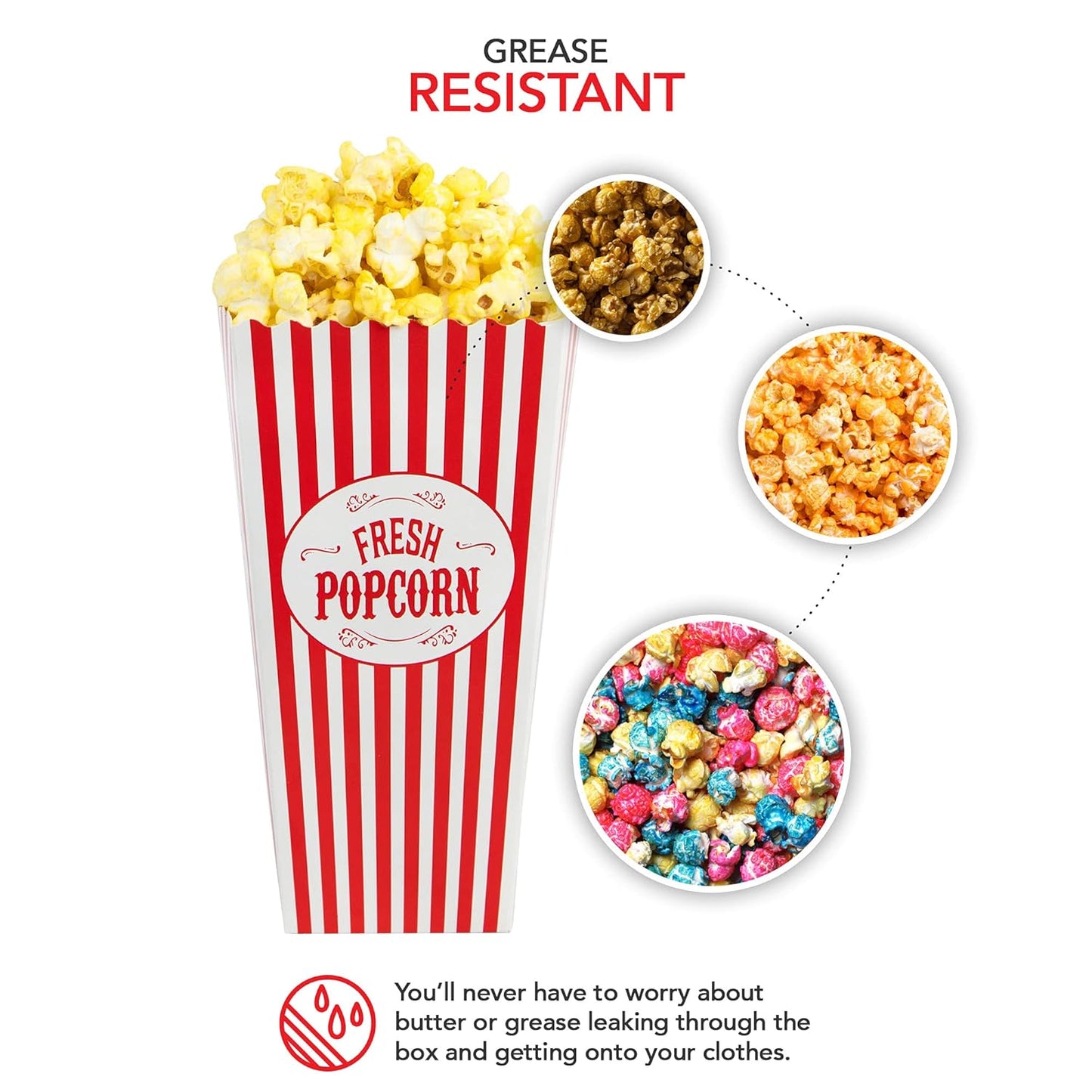 [50 Pack] Movie Theater Popcorn Boxes Disposable Red & White Striped - 46 oz Capacity - Vintage Snack Box Concession and Carnival Party Supplies, Individual Popcorn Bucket Containers