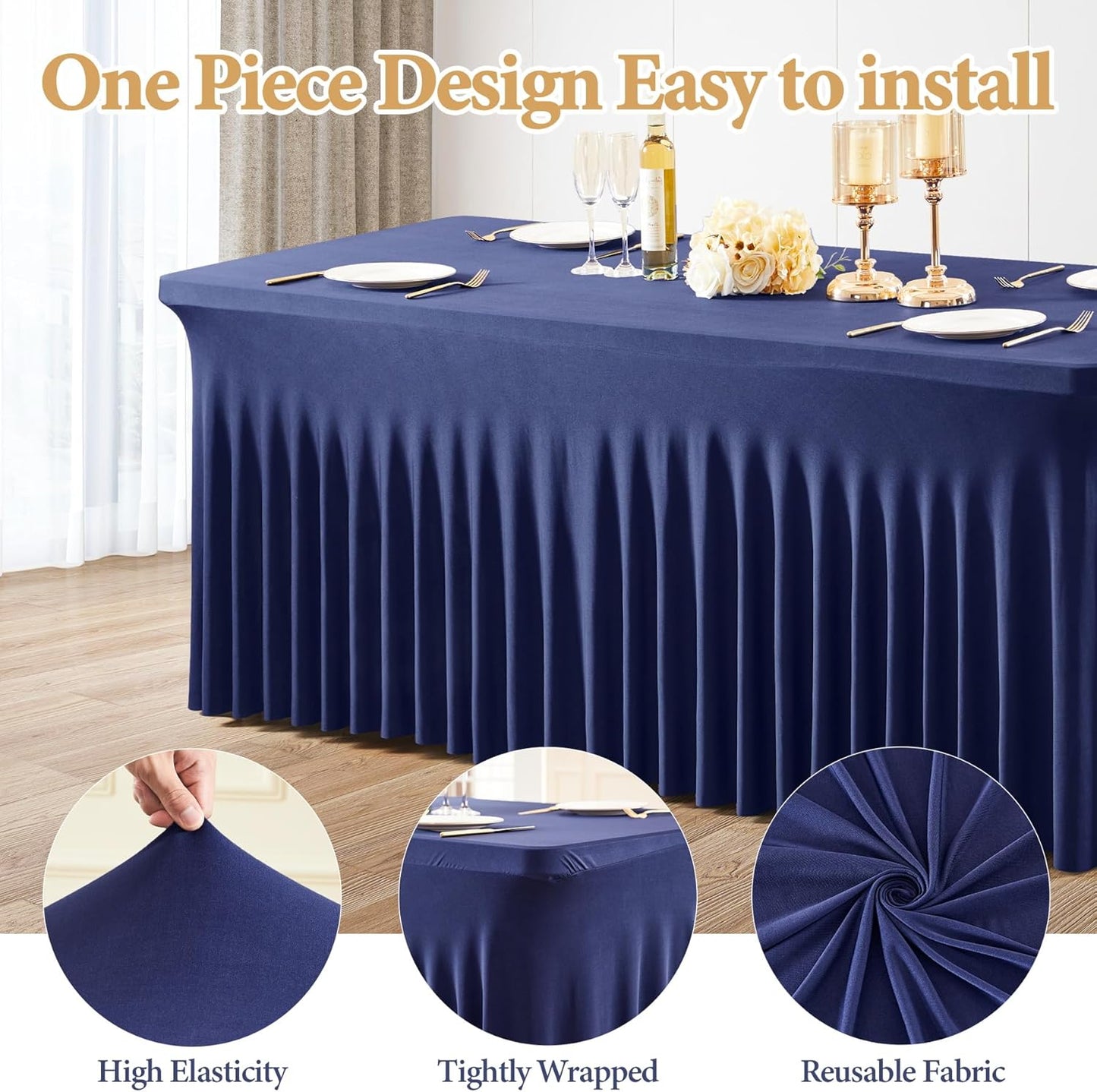 6 Packs Navy Blue Spandex Tableclothes for 8 Foot Rectangle Table, Spandex Table Covers 8FT Stretch Table Skirts Wrinkle Free Fitted Tablecover for Event, Wedding, Banquet & Parties