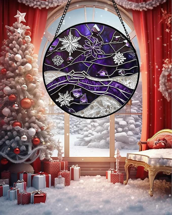 Stained Glass Window Hanging - Silver Purple Snowflakes Suncatcher for Doors Home Christmas Decoration Sun Catcher Thanksgiving New Year Birthday Gifts for Friend Women Men Mom Nana 6.3 in