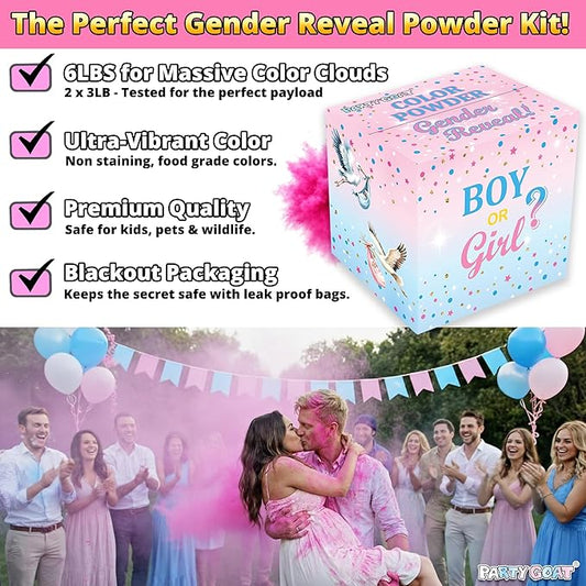 Baby Girl Gender Reveal Powder – 6 lbs, Blackout Bags, Vibrant Pink Powder for Tire Burnout Color, Exhaust Smoke & Shooting Targets. Leakproof, Non Toxic Party Kit. 2 x 3LB + Gender Reveal Idea Guide