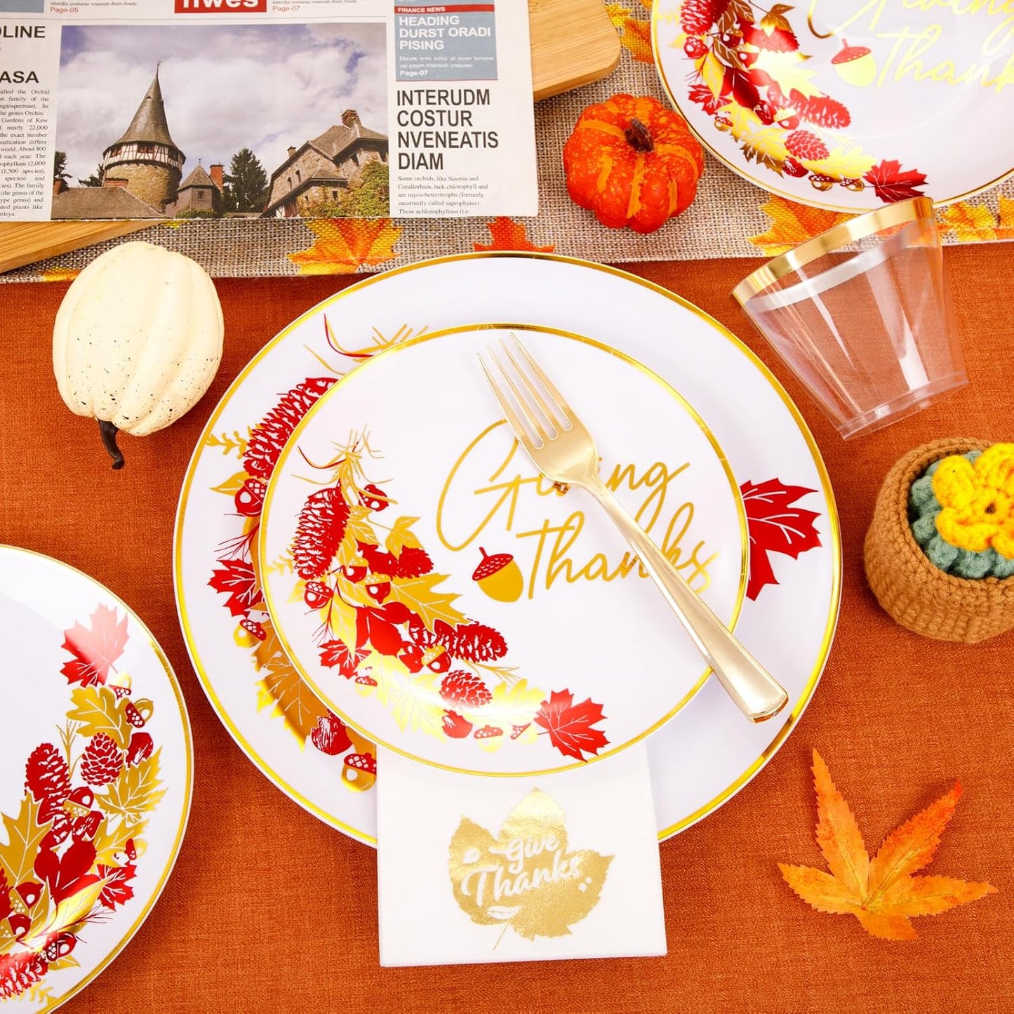 Hioasis 175pcs Thanksgiving Plastic Plates - White and Gold Disposable Plates include 25 Dinner Plates-25 Dessert Plates-25 Knives-25 Forks-25 Spoons-25 Cups-25 Napkins for Thanksgiving Party