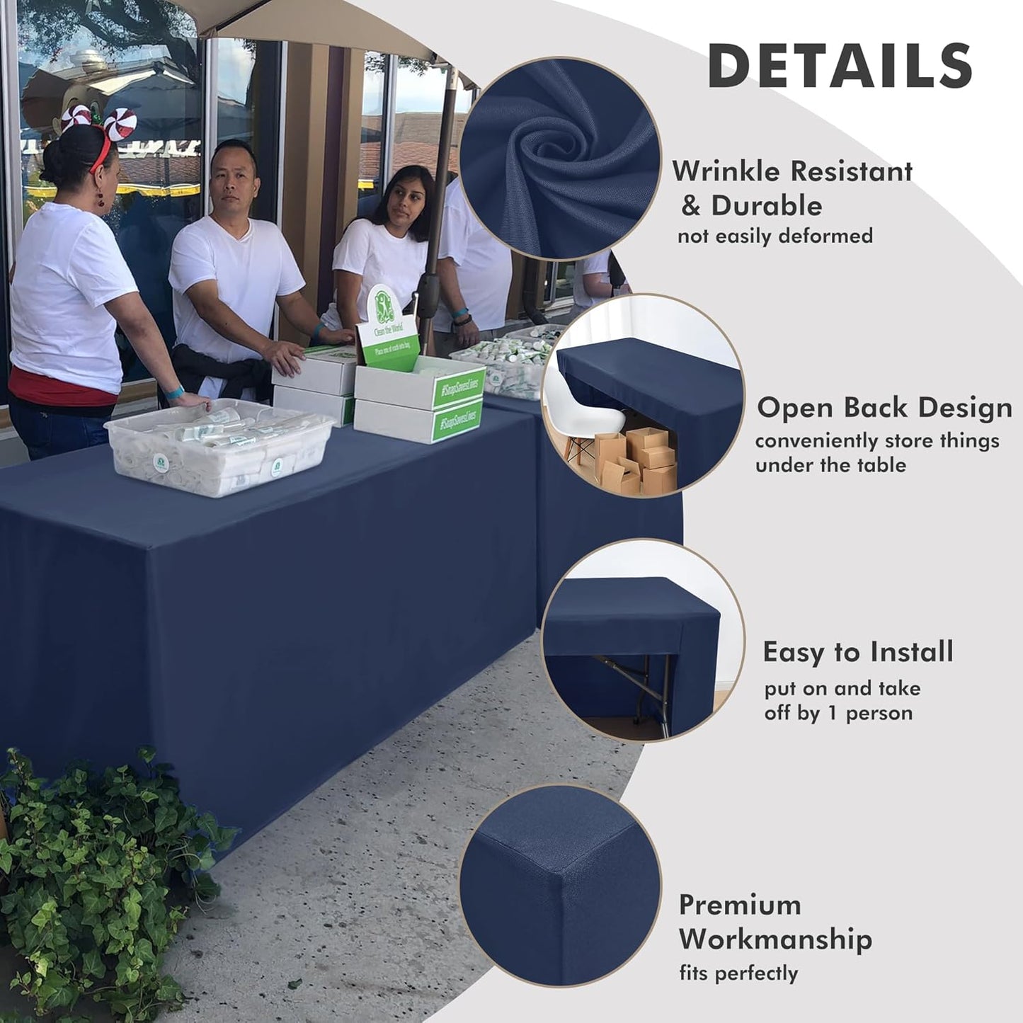 Nasitos 2 Pack Navy 8ft Tablecloth Fitted-Open Back Folding Table Cover Washable and Wrinkle Resistant Table Cloth for Trade Show, Book Fair, Career Fair, Convention, Events