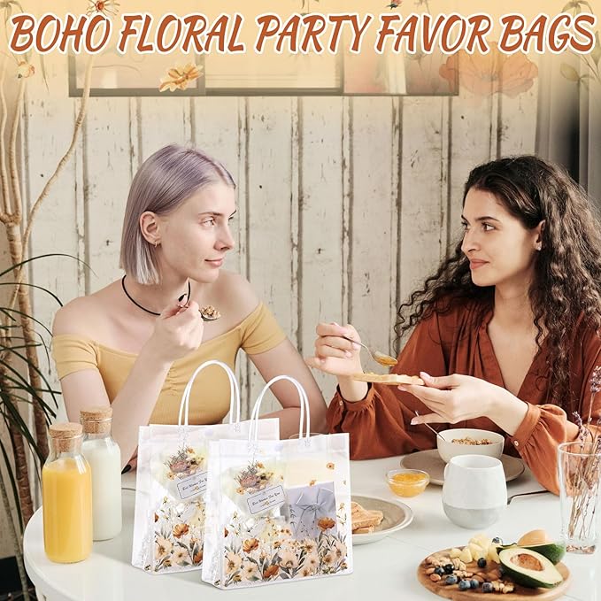 Resholder 24 Pcs Boho Flower Clear Gift Bags Wild Floral PVC Treat Tote with Handle Fall Thanksgiving Goodie Gift Bags for Wedding Birthday Baby Shower Bridal Tea Party Supplies, 8 x 8 x 3.15 Inch