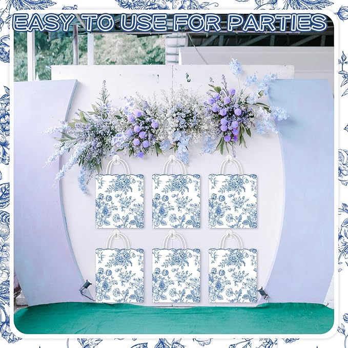 Kolldenn 24 Pcs Blue Floral Party Favor Bags with Handles 10 x 5 x 13 Inch Large Scalloped Wildflower Goodie Candy Gift Treat Bags for Birthday Decoration for Bridal Baby Shower Party Supplie