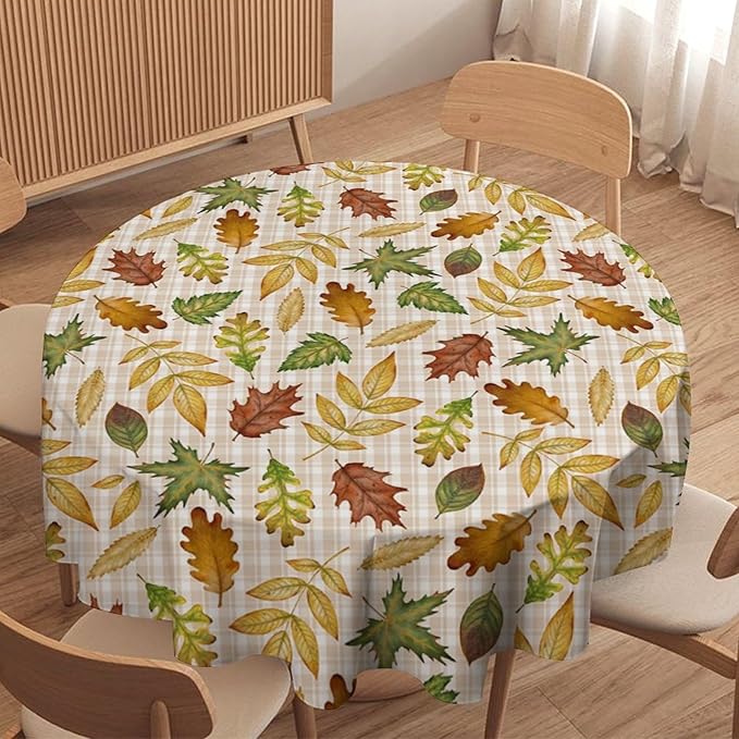 YCness Autumn Maple Leaves Tablecloth, Thanksgiving Autumn Harvest Watercolor Ginkgo Biloba Abstract Geometry Leaves Table Cover for Party Picnic Dinner Decor 60x60 Inch Round