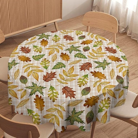 YCness Autumn Maple Leaves Tablecloth, Thanksgiving Autumn Harvest Watercolor Ginkgo Biloba Abstract Geometry Leaves Table Cover for Party Picnic Dinner Decor 60x60 Inch Round