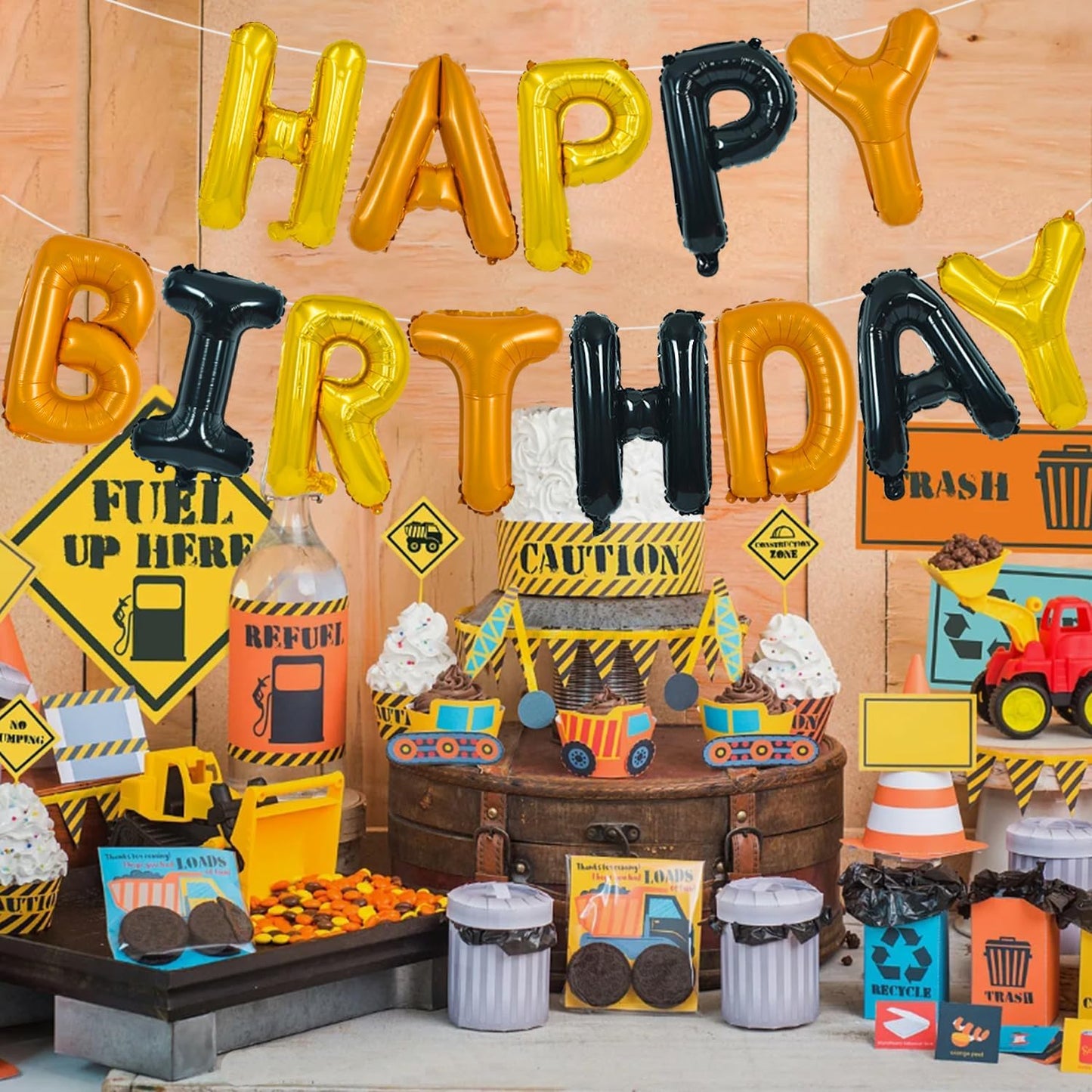 TONIFUL Happy Birthday Balloons Banner with Ribbon Straw,16 Inch Mylar Letters Birthday Sign Banner Balloon Bunting Reusable for Construction Birthday Party Supplies（Gold Orange Black）