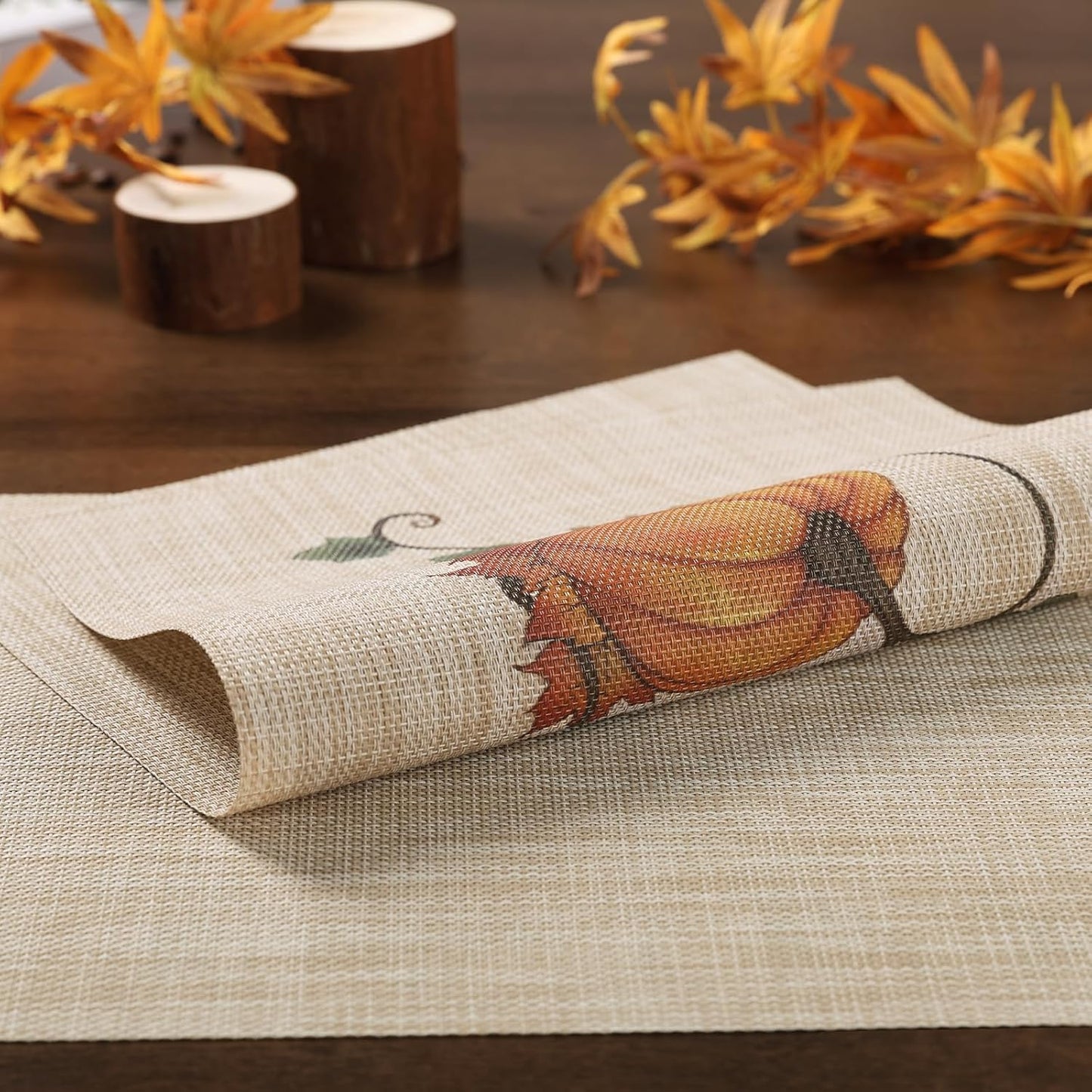 Thanksgiving Placemats Set of 6 Fall Table Mats Pumpkin Maple Leaves Table Mats Washable Non-Slip Heatproof Woven Placemats for Dining Table (17.7" X 11.8")